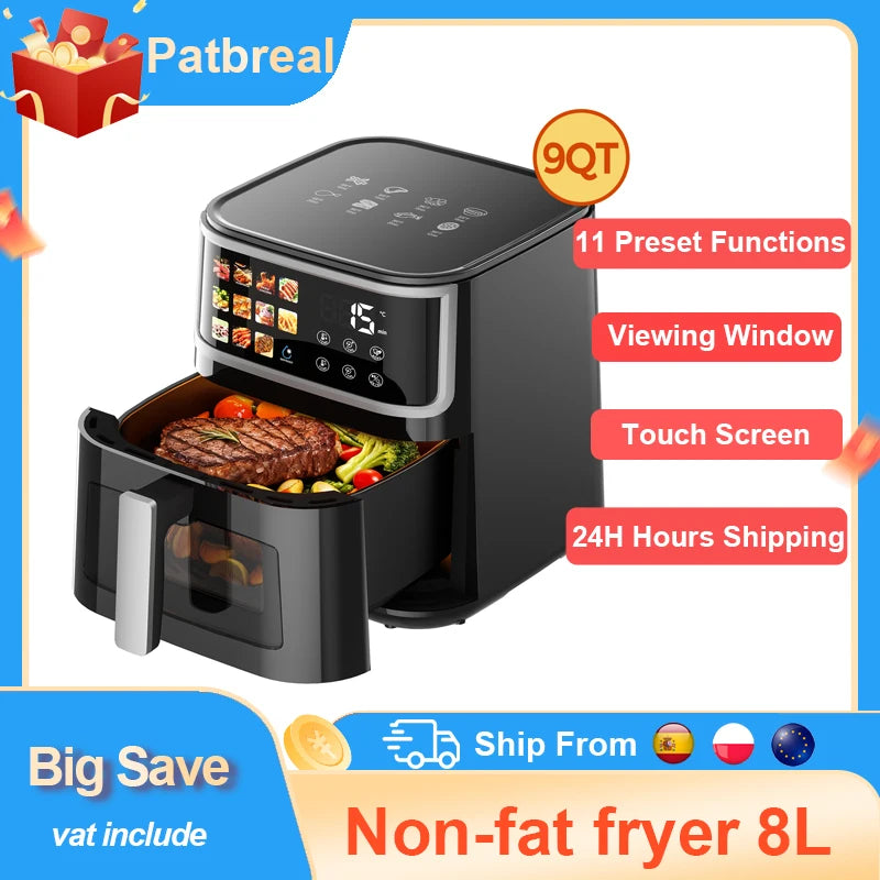Friteuse sans huile Patbrela 8L, grande friteuse à air chaud avec écran LED, 11 fonctions prédéfinies, four de cuisson multifonction 1700W