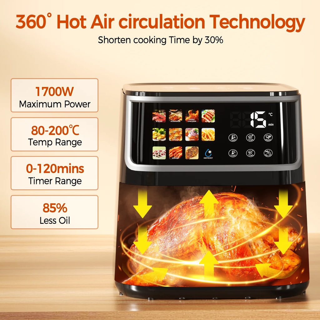 Friteuse sans huile Patbrela 8L, grande friteuse à air chaud avec écran LED, 11 fonctions prédéfinies, four de cuisson multifonction 1700W