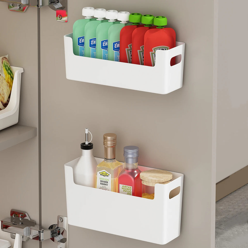 WORTHBUY Wall Mounted Cabinet Plastic Storage Rack Multifunctional Punch Free Fridge Door Storage Holder Kitchen Storage Organiz