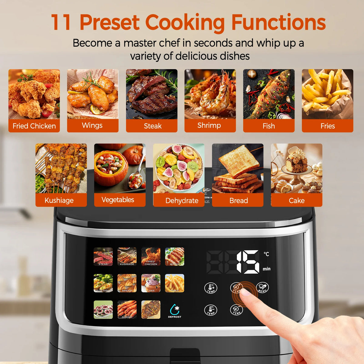 Friteuse sans huile Patbrela 8L, grande friteuse à air chaud avec écran LED, 11 fonctions prédéfinies, four de cuisson multifonction 1700W