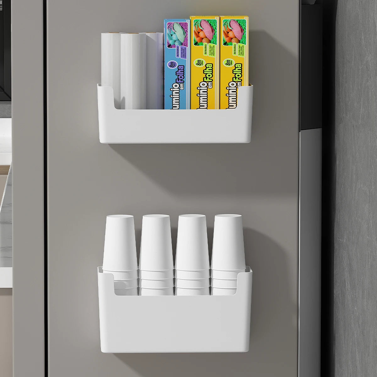 WORTHBUY Wall Mounted Cabinet Plastic Storage Rack Multifunctional Punch Free Fridge Door Storage Holder Kitchen Storage Organiz
